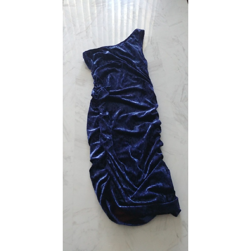 Blue💦One shoulder blue velvet party dress